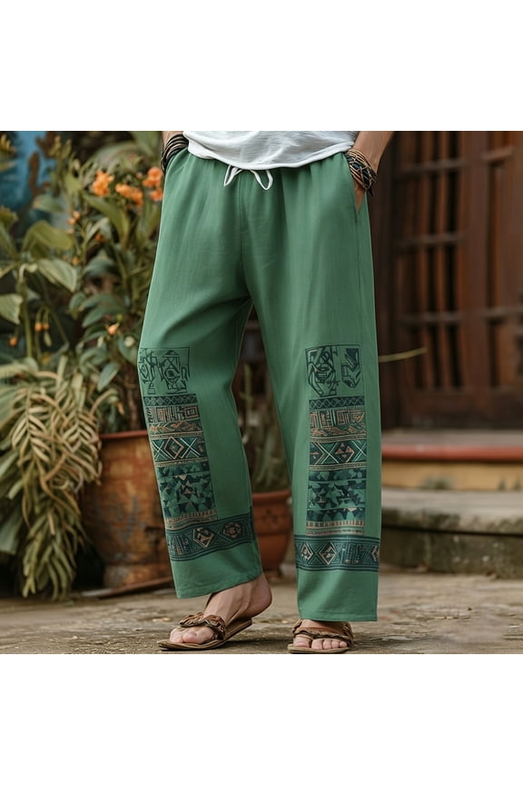 Mens Harem Pants Elastic Waist Drawstring Patchwork Loose Boho Hippie Beach Casual Pants Green Size L