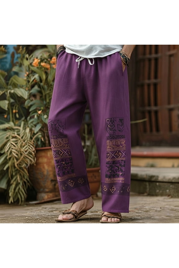Mens Harem Pants Elastic Waist Drawstring Patchwork Loose Boho Hippie Beach Casual Pants Purple Size 5XL