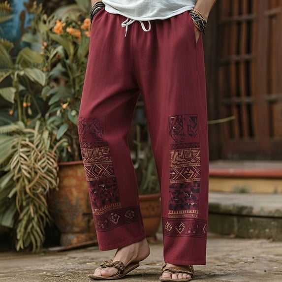 SGFCWSX Mens Harem Pants Elastic Waist Drawstring Patchwork Loose Boho Hippie Beach Casual Pants Red Size M