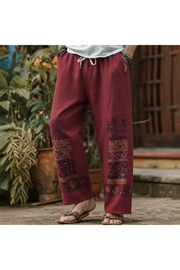 Mens Harem Pants Elastic Waist Drawstring Patchwork Loose Boho Hippie Beach Casual Pants Red Size M
