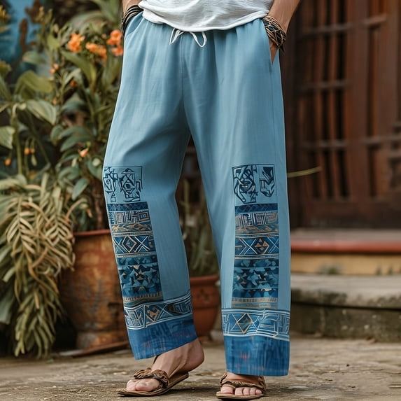 SGFCWSX Mens Harem Pants Elastic Waist Drawstring Patchwork Loose Boho Hippie Beach Casual Pants Sky Blue Size M