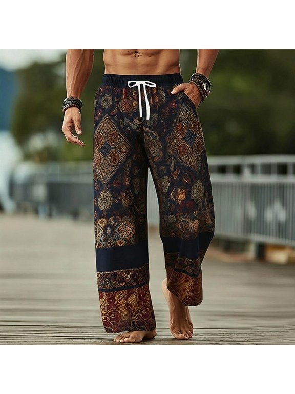 Mens Harem Pants Elastic Waist Drawstring Patchwork Pockets Loose Boho Hippie Beach Vacation Cropped Casual Pants Black Size 3XL