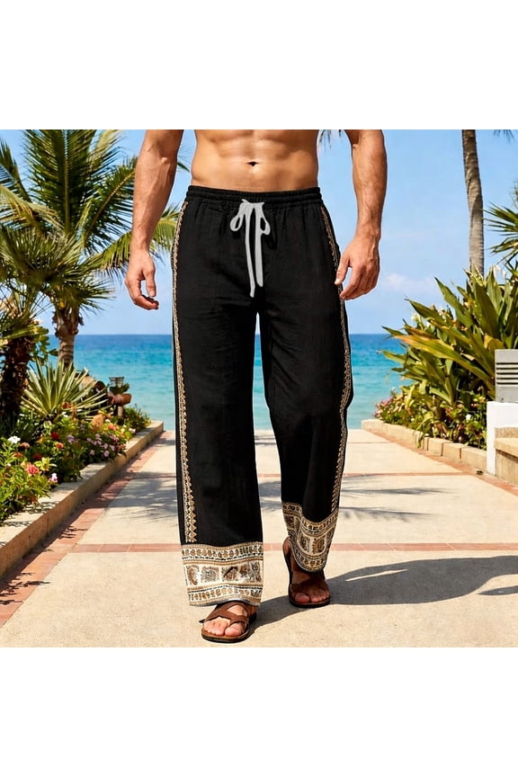 Mens Harem Pants Elastic Waist Drawstring Print Loose Pockets Boho Hippie Beach Yoga Casual Pants Black Size M