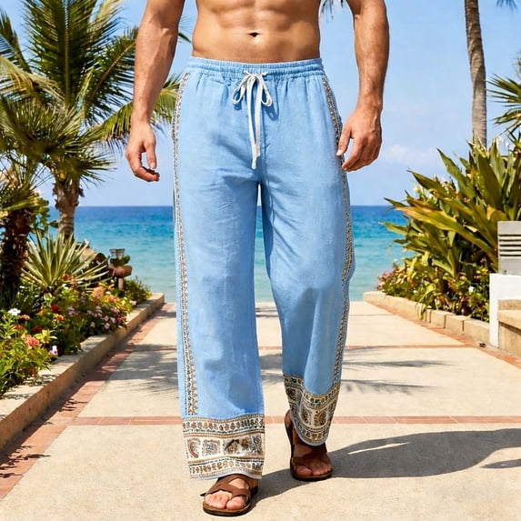 SGFCWSX Mens Harem Pants Elastic Waist Drawstring Print Loose Pockets Boho Hippie Beach Yoga Casual Pants Light Blue Size 5XL