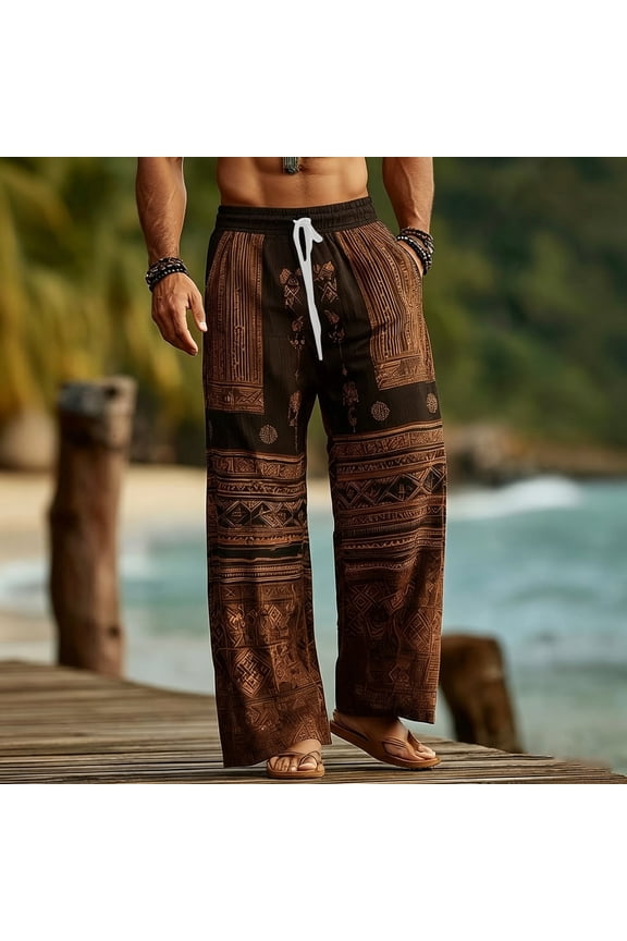 Mens Harem Pants Elastic Waist Patchwork Drawstring Pockets Loose Boho Hippie Beach Casual Pants Brown Size S