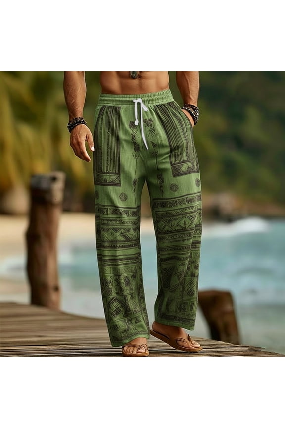 Mens Harem Pants Elastic Waist Patchwork Drawstring Pockets Loose Boho Hippie Beach Casual Pants Green Size L