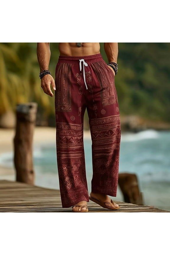 Mens Harem Pants Elastic Waist Patchwork Drawstring Pockets Loose Boho Hippie Beach Casual Pants Red Size 2XL