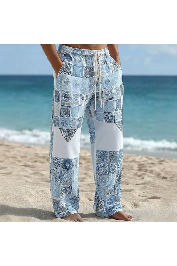 Mens Harem Pants Loose Elastic Waist Drawstring Patchwork Pockets Boho Hippie Beach Vacation Cropped Casual Pants Light Blue Size M