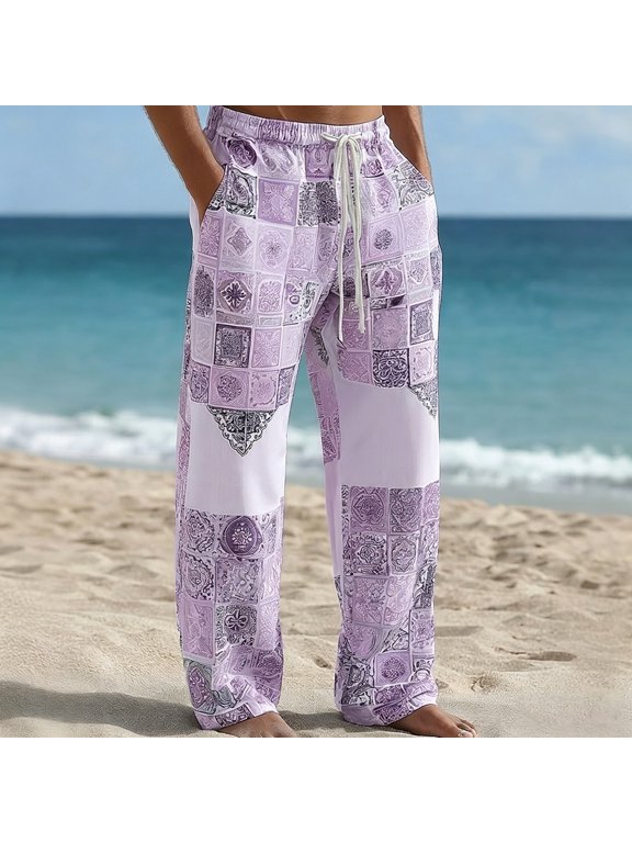 Mens Harem Pants Loose Elastic Waist Drawstring Patchwork Pockets Boho Hippie Beach Vacation Cropped Casual Pants Purple Size 3XL