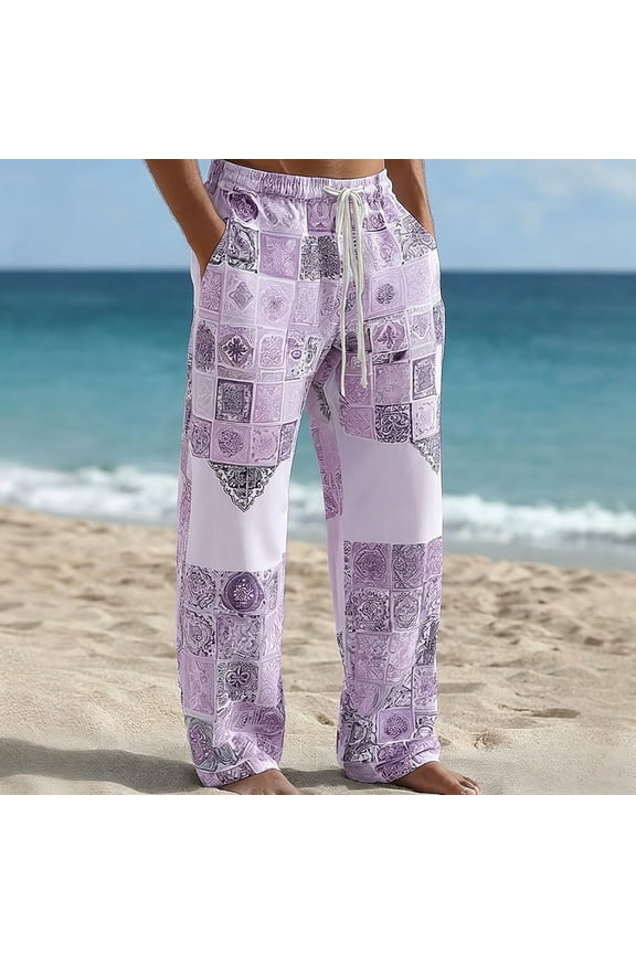 Mens Harem Pants Loose Elastic Waist Drawstring Patchwork Pockets Boho Hippie Beach Vacation Cropped Casual Pants Purple Size S