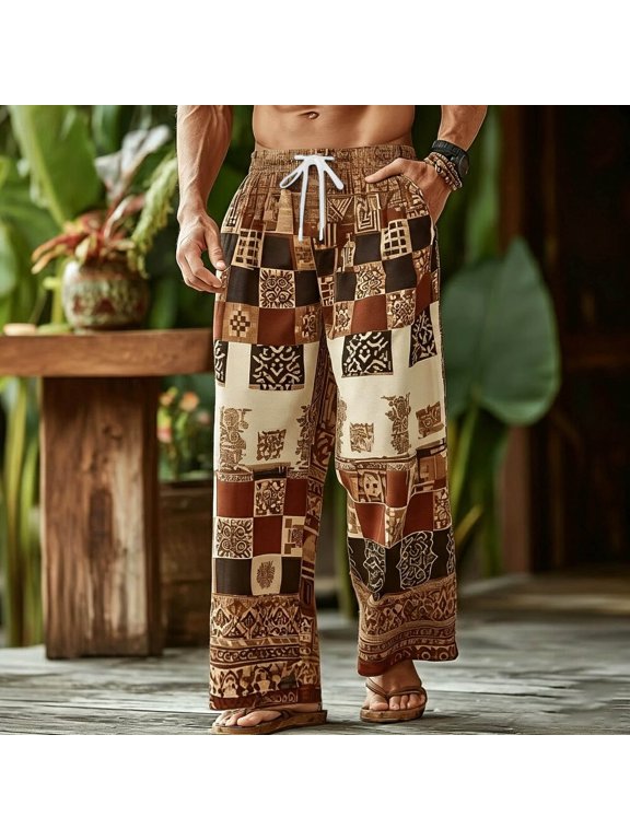 Mens Harem Pants Patchwork Elastic Waist Drawstring Loose Boho Hippie Beach Casual Pants Khaki Size S