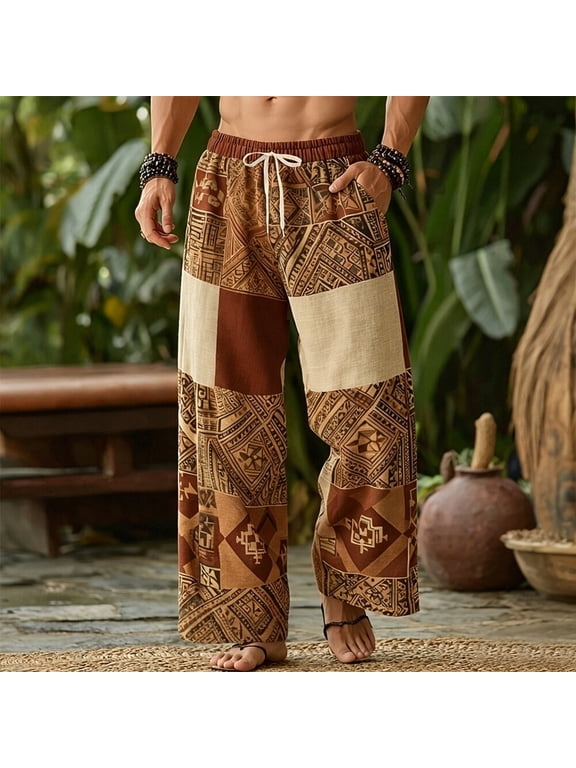 Mens Harem Pants Patchwork Elastic Waist Drawstring Loose Boho Hippie Beach Casual Pants Khaki Size XL