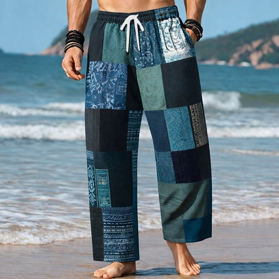 SGFCWSX Mens Harem Pants Patchwork Elastic Waist Drawstring Loose Boho Hippie Beach Casual Pants Navy Size 4XL