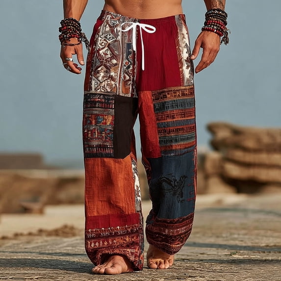 SGFCWSX Mens Harem Pants Patchwork Elastic Waist Drawstring Loose Boho Hippie Beach Casual Pants Red Size 5XL