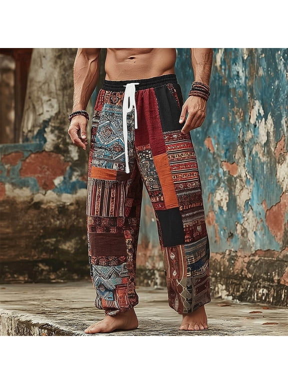 Mens Harem Pants Patchwork Elastic Waist Drawstring Loose Boho Hippie Beach Casual Pants Wine Size 2XL