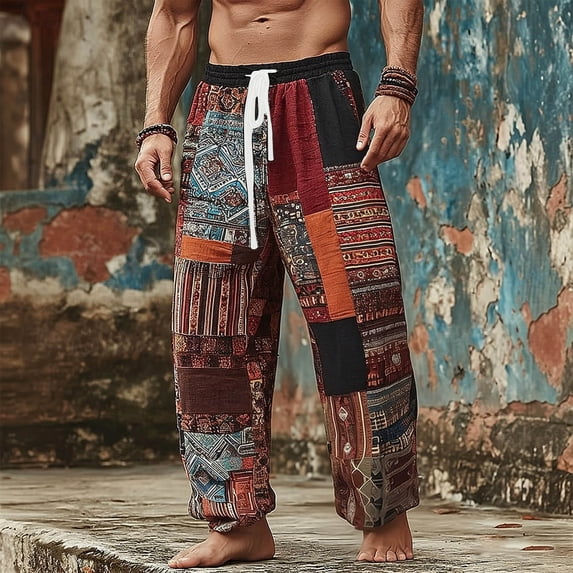 SGFCWSX Mens Harem Pants Patchwork Elastic Waist Drawstring Loose Boho Hippie Beach Casual Pants Wine Size 4XL