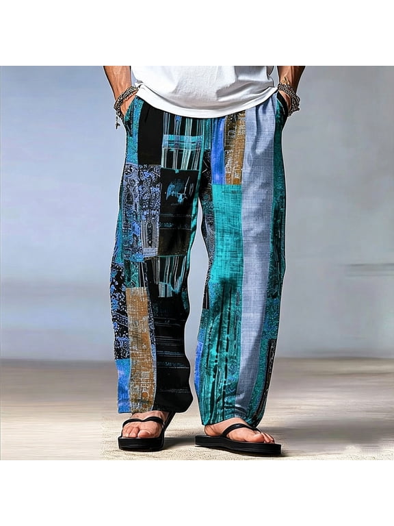 Mens Harem Pants Patchwork Elastic Waist Drawstring Pockets Loose Boho Hippie Beach Casual Pants Light Blue Size XL