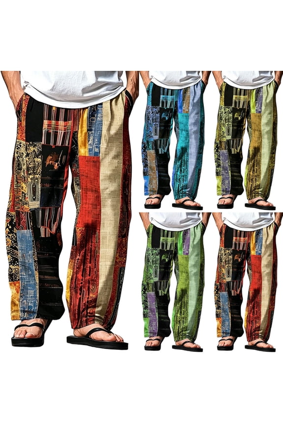 Mens Harem Pants Patchwork Elastic Waist Drawstring Pockets Loose Boho Hippie Beach Casual Pants Red Size 3XL