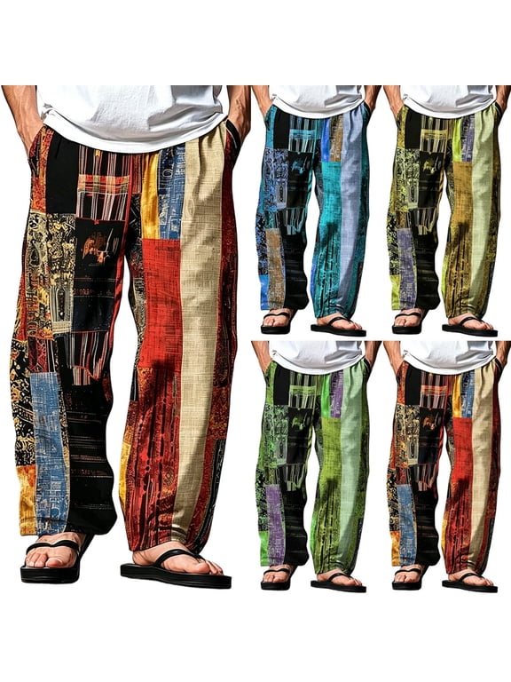 Mens Harem Pants Patchwork Elastic Waist Drawstring Pockets Loose Boho Hippie Beach Casual Pants Red Size L