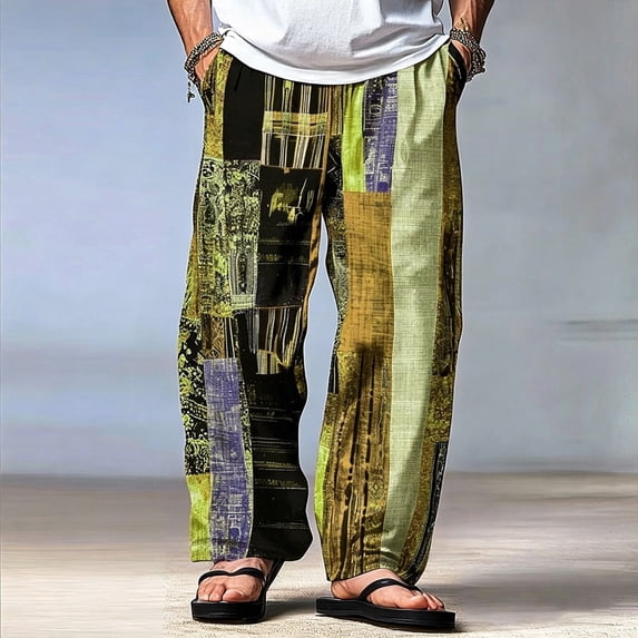 SGFCWSX Mens Harem Pants Patchwork Elastic Waist Drawstring Pockets Loose Boho Hippie Beach Casual Pants Yellow Size 5XL
