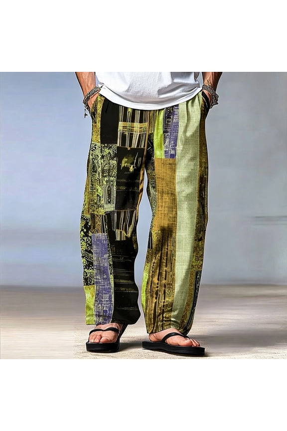 Mens Harem Pants Patchwork Elastic Waist Drawstring Pockets Loose Boho Hippie Beach Casual Pants Yellow Size XL