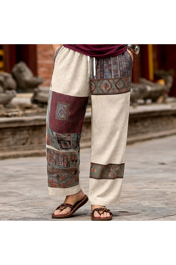Mens Harem Pants Patchwork Elastic Waist Drawstring Pockets Loose Boho Hippie Beach Vacation Cropped Casual Pants Beige Size 2XL