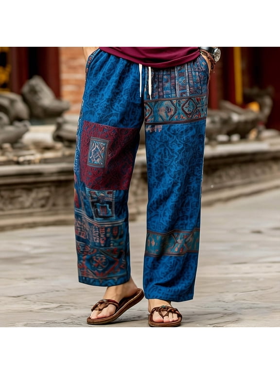 Mens Harem Pants Patchwork Elastic Waist Drawstring Pockets Loose Boho Hippie Beach Vacation Cropped Casual Pants Dark Blue Size L