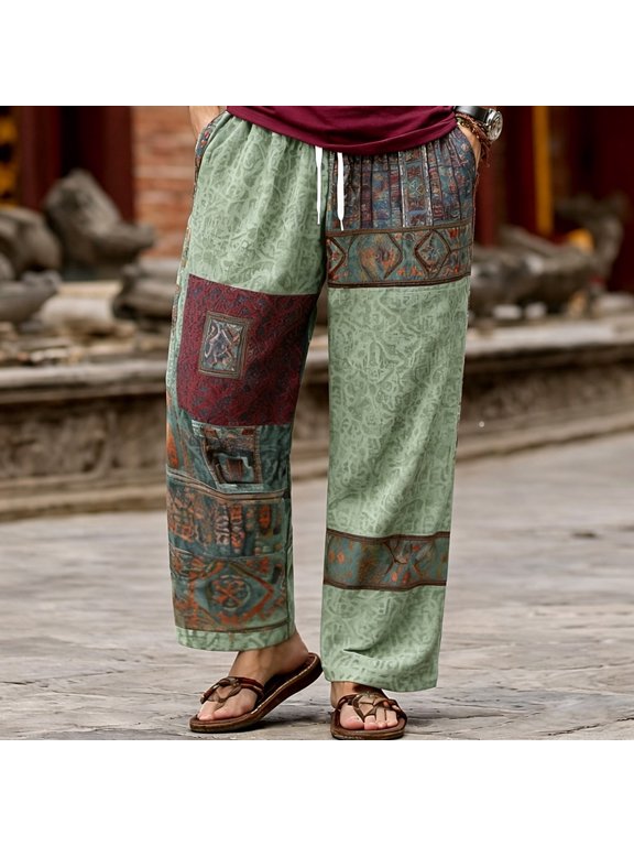 Mens Harem Pants Patchwork Elastic Waist Drawstring Pockets Loose Boho Hippie Beach Vacation Cropped Casual Pants Green Size 5XL
