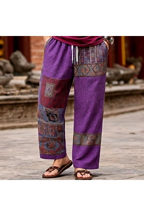 Mens Harem Pants Patchwork Elastic Waist Drawstring Pockets Loose Boho Hippie Beach Vacation Cropped Casual Pants Purple Size 2XL