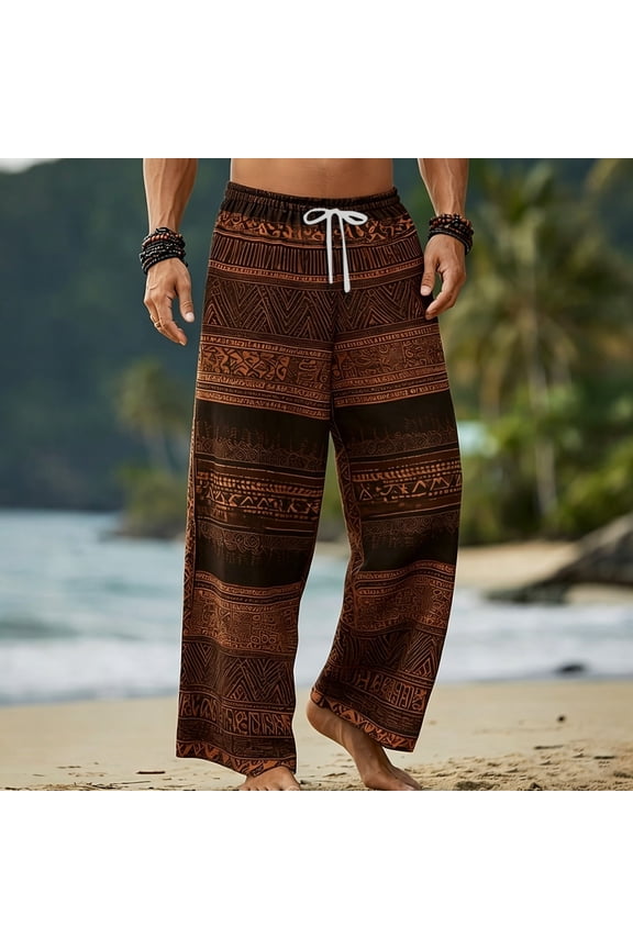 Mens Harem Pants Patchwork Elastic Waist Drawstring Pockets Print Loose Boho Hippie Beach Casual Pants Brown Size S
