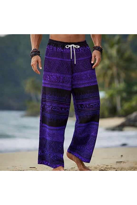 Mens Harem Pants Patchwork Elastic Waist Drawstring Pockets Print Loose Boho Hippie Beach Casual Pants Purple Size 5XL