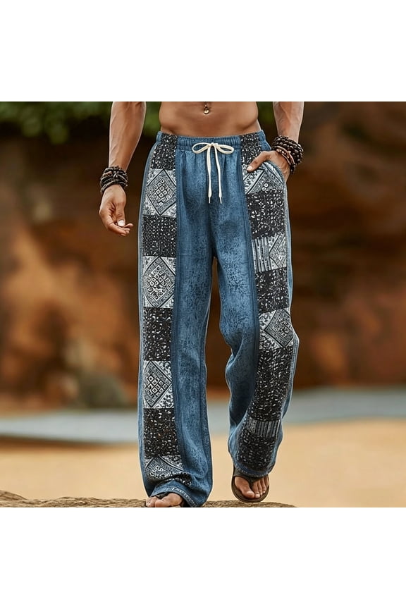 Mens Harem Pants Print Patchwork Elastic Waist Drawstring Pockets Loose Boho Hippie Beach Casual Pants Blue Size L