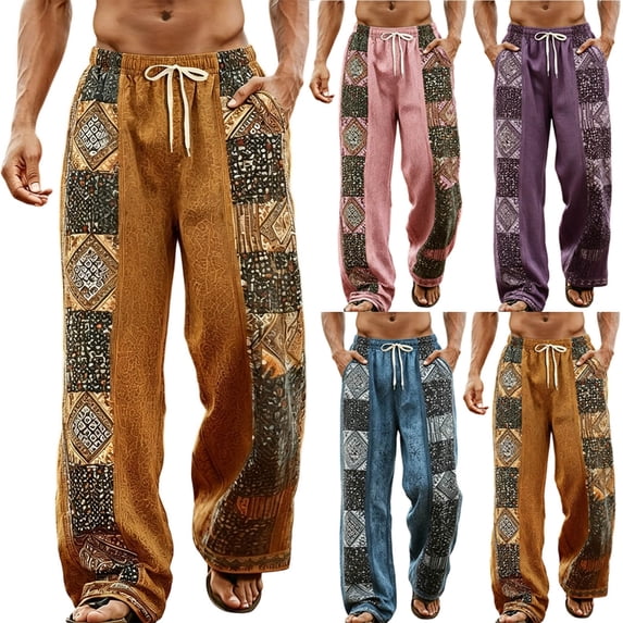 SGFCWSX Mens Harem Pants Print Patchwork Elastic Waist Drawstring Pockets Loose Boho Hippie Beach Casual Pants Orange Size 2XL