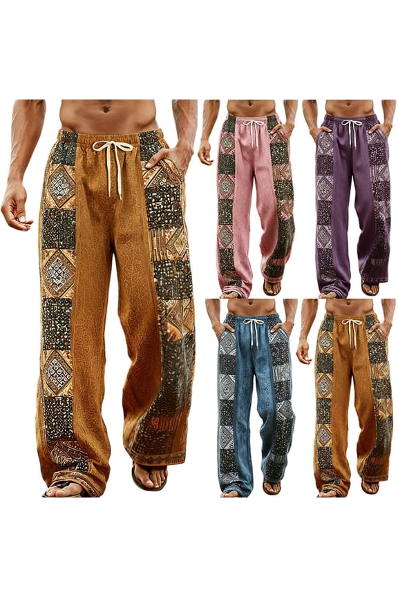 Mens Harem Pants Print Patchwork Elastic Waist Drawstring Pockets Loose Boho Hippie Beach Casual Pants Orange Size L