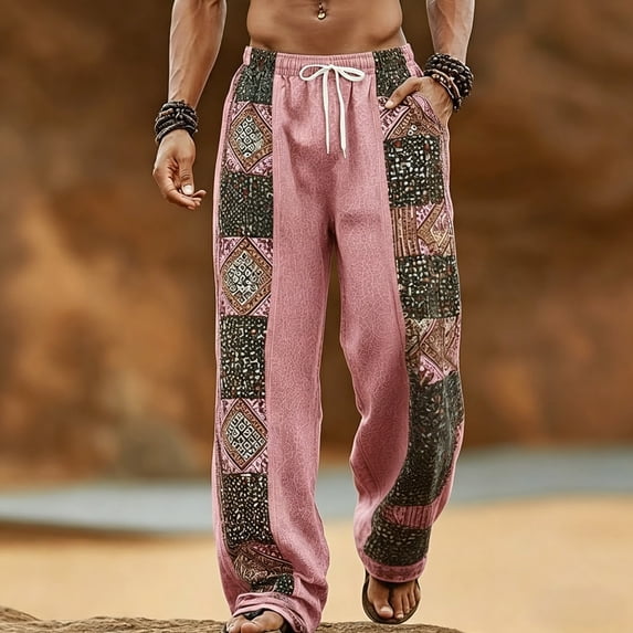 SGFCWSX Mens Harem Pants Print Patchwork Elastic Waist Drawstring Pockets Loose Boho Hippie Beach Casual Pants Pink Size S