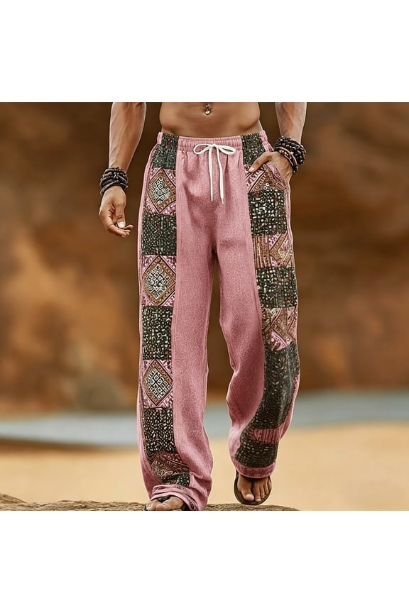 Mens Harem Pants Print Patchwork Elastic Waist Drawstring Pockets Loose Boho Hippie Beach Casual Pants Pink Size XL