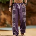 thumbnail image 1 of SGFCWSX Mens Harem Pants Print Patchwork Elastic Waist Drawstring Pockets Loose Boho Hippie Beach Casual Pants Purple Size M, 1 of 5