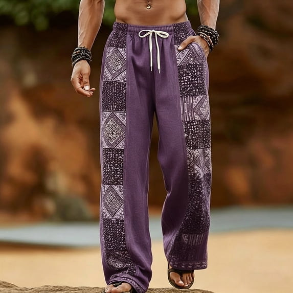SGFCWSX Mens Harem Pants Print Patchwork Elastic Waist Drawstring Pockets Loose Boho Hippie Beach Casual Pants Purple Size M