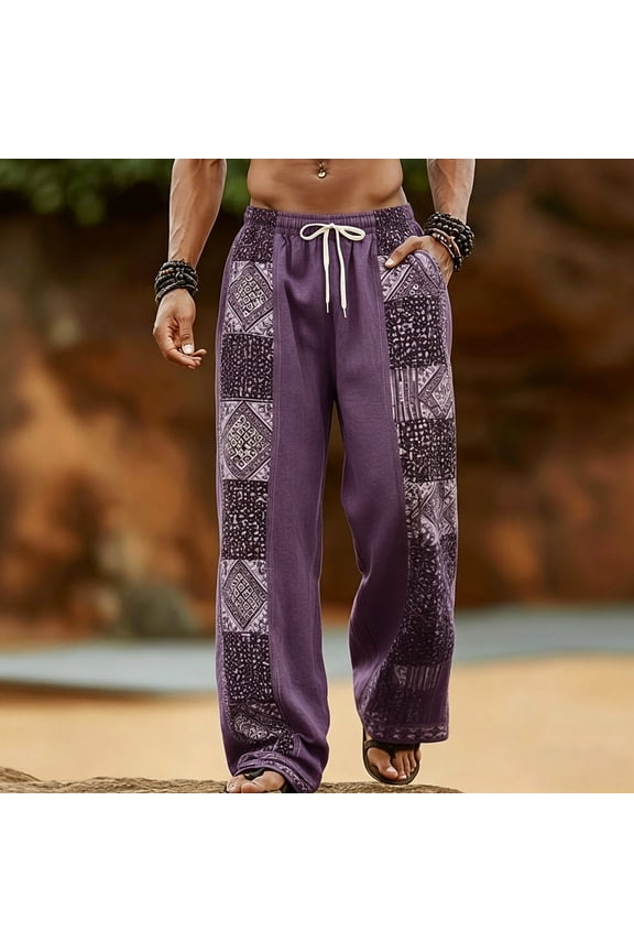 Mens Harem Pants Print Patchwork Elastic Waist Drawstring Pockets Loose Boho Hippie Beach Casual Pants Purple Size M