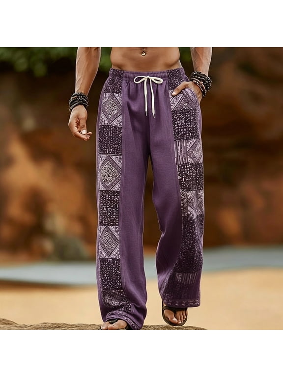 Mens Harem Pants Print Patchwork Elastic Waist Drawstring Pockets Loose Boho Hippie Beach Casual Pants Purple Size S
