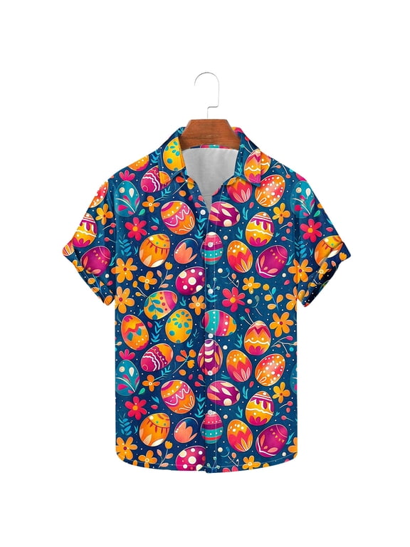 Mens Hawaiian Shirt Short Sleeve Button Down, Easter Egg Print Lightweight Breathable Summer Casual Wear Multicolor Size 5XL