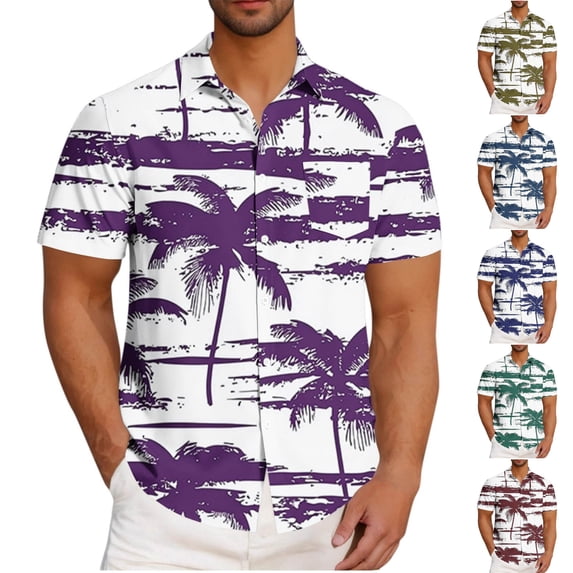 SGFCWSX Mens Hawaiian Shirt Short Sleeve Button Down, Palm Tree Print Breathable Lightweight Summer Beach Party Casual Wear Purple Size XL