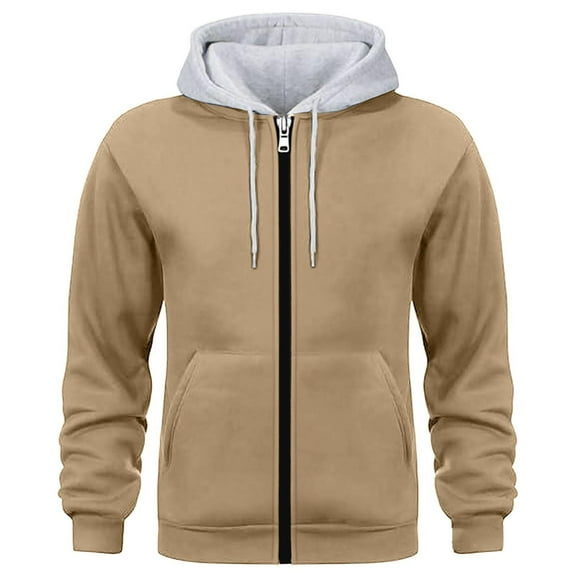 SGFCWSX Mens Hooded Sweatshirt Big & Tall Men Zip Up Long Sleeve Lightweight Regular Jacket Khaki Size 3XL