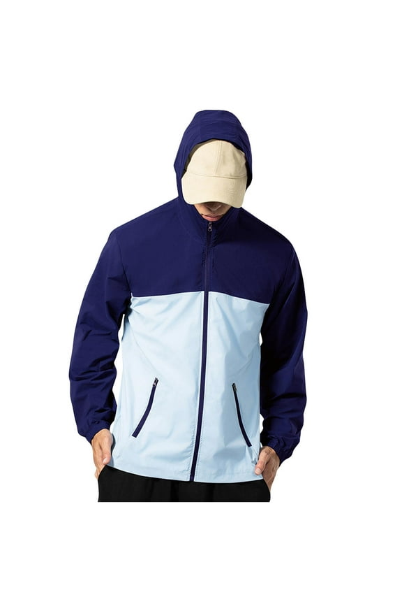 Mens Jackets Lightweight Men Waterproof Casual Hooded Windbreaker Full Zip Outdoor Color Block Coat Light Blue Size L