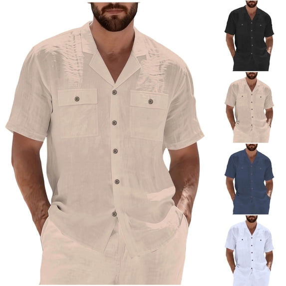 SGFCWSX Mens Linen Shirt Short Sleeve Button Down, Camp Collar Double Pocket Regular Fit Summer Casual Outfit Khaki Size XL