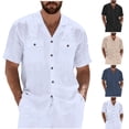 thumbnail image 1 of SGFCWSX Mens Linen Shirt Short Sleeve Button Down, Camp Collar Double Pocket Regular Fit Summer Casual Outfit White Size 2XL, 1 of 10
