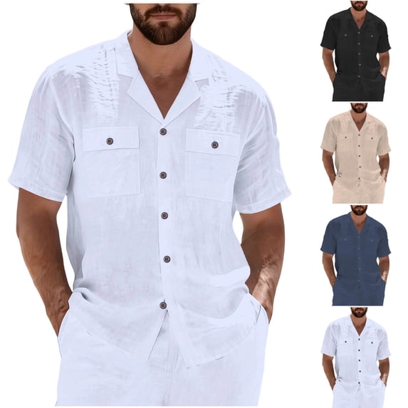 SGFCWSX Mens Linen Shirt Short Sleeve Button Down, Camp Collar Double Pocket Regular Fit Summer Casual Outfit White Size 2XL