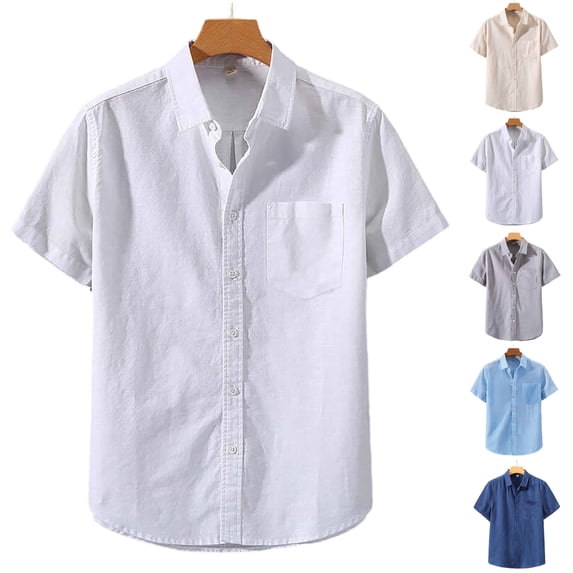 SGFCWSX Mens Linen Shirt Short Sleeve Button Down, Lightweight Breathable Single Pocket Summer Vacation Beach Casual Wear White Size 4XL
