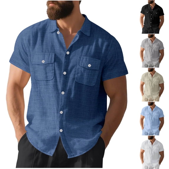 SGFCWSX Mens Linen Shirt Short Sleeve Button Down, Regular Fit Double Pocket Lightweight Summer Casual Outfit Navy Size M