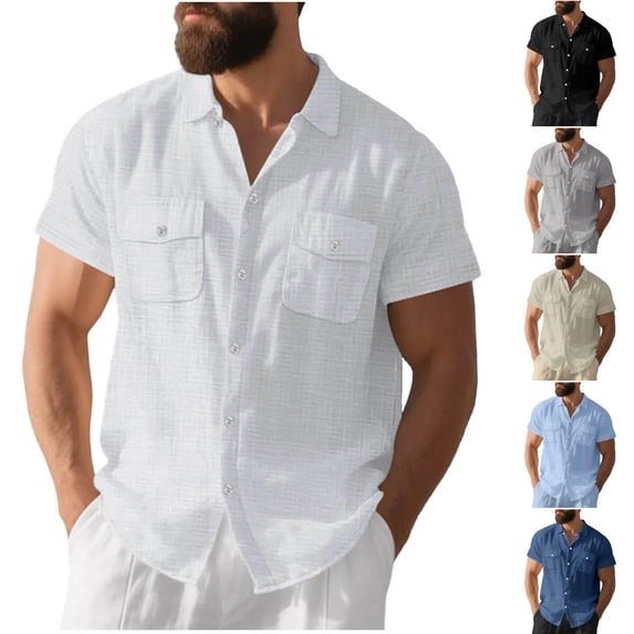 SGFCWSX Mens Linen Shirt Short Sleeve Button Down, Regular Fit Double Pocket Lightweight Summer Casual Outfit White Size M